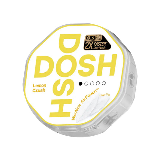 Dosh Lemon Crush 3mg vape pod from Killasnus.com, featuring a vibrant lemon flavor with a sleek cartridge design.