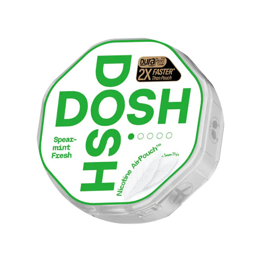 Dosh Spearmint Fresh 3mg nicotine pouch in a sleek container, designed for discreet use and fresh spearmint flavor.
