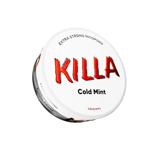 Killa Cold Mint pouch from NikoPouches.dk, showing a close-up of the product packaging with fresh mint flavor branding.