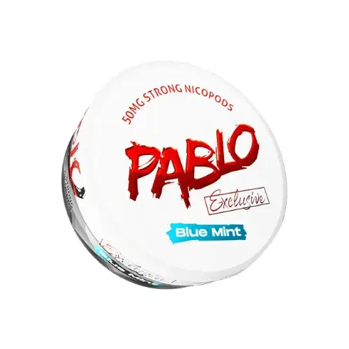 Killasnus Pablo Exclusive Blue Mint nicotine pouches in a sleek container, with blue and mint-green packaging and pouches inside.