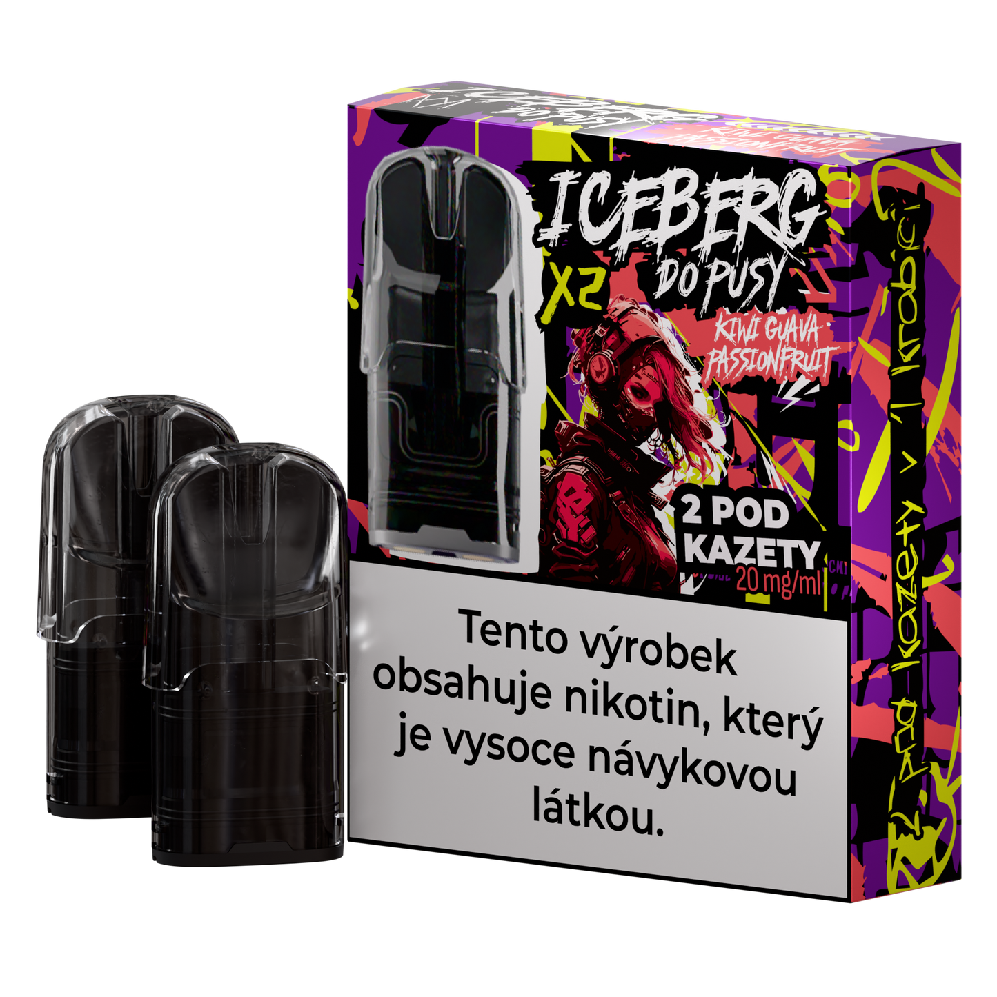 Colorful packaging of Iceberg Do Pusy Pods showcasing kiwi, guava, and passionfruit flavors with a vibrant design.