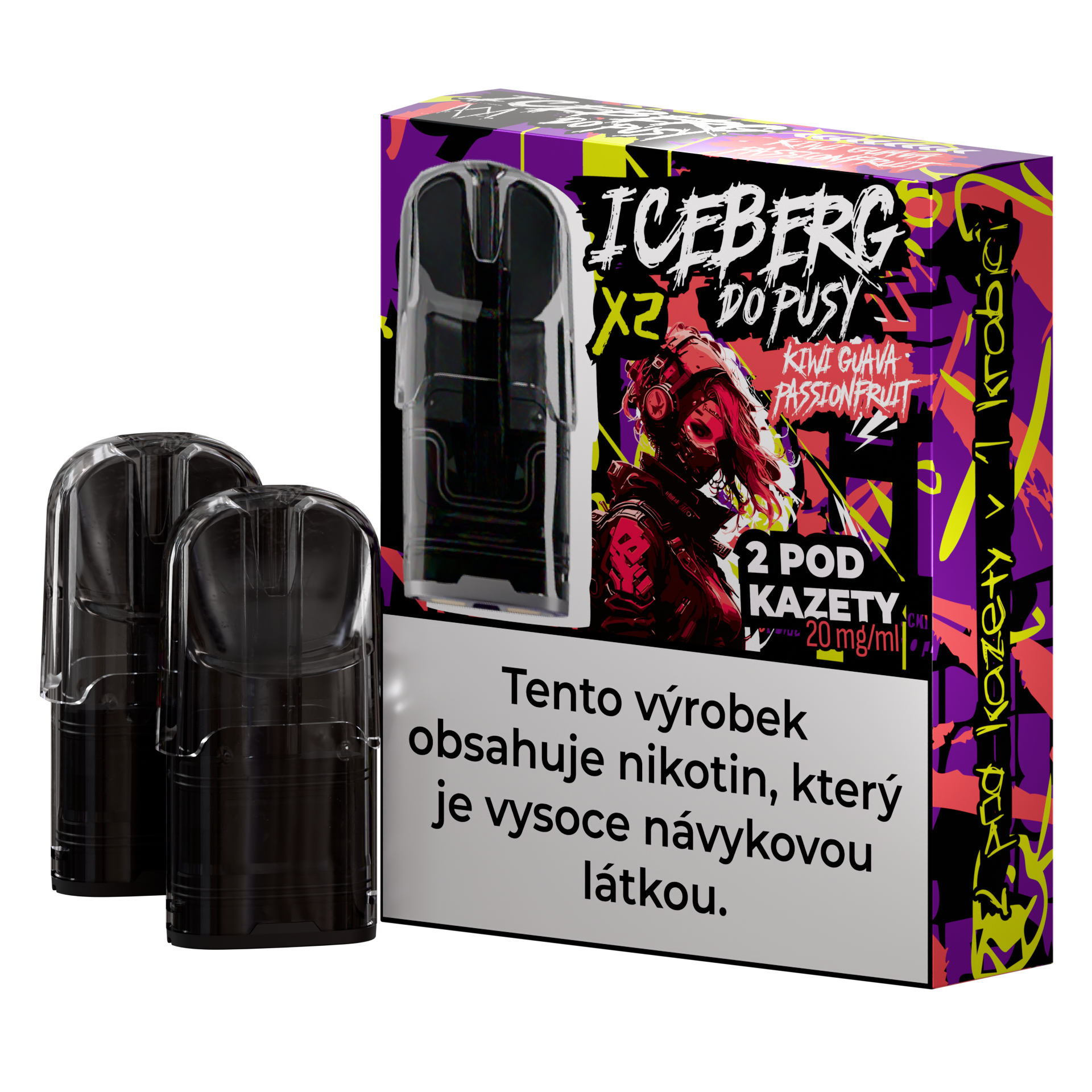 Colorful packaging of Iceberg Do Pusy Pods showcasing kiwi, guava, and passionfruit flavors with a vibrant design.