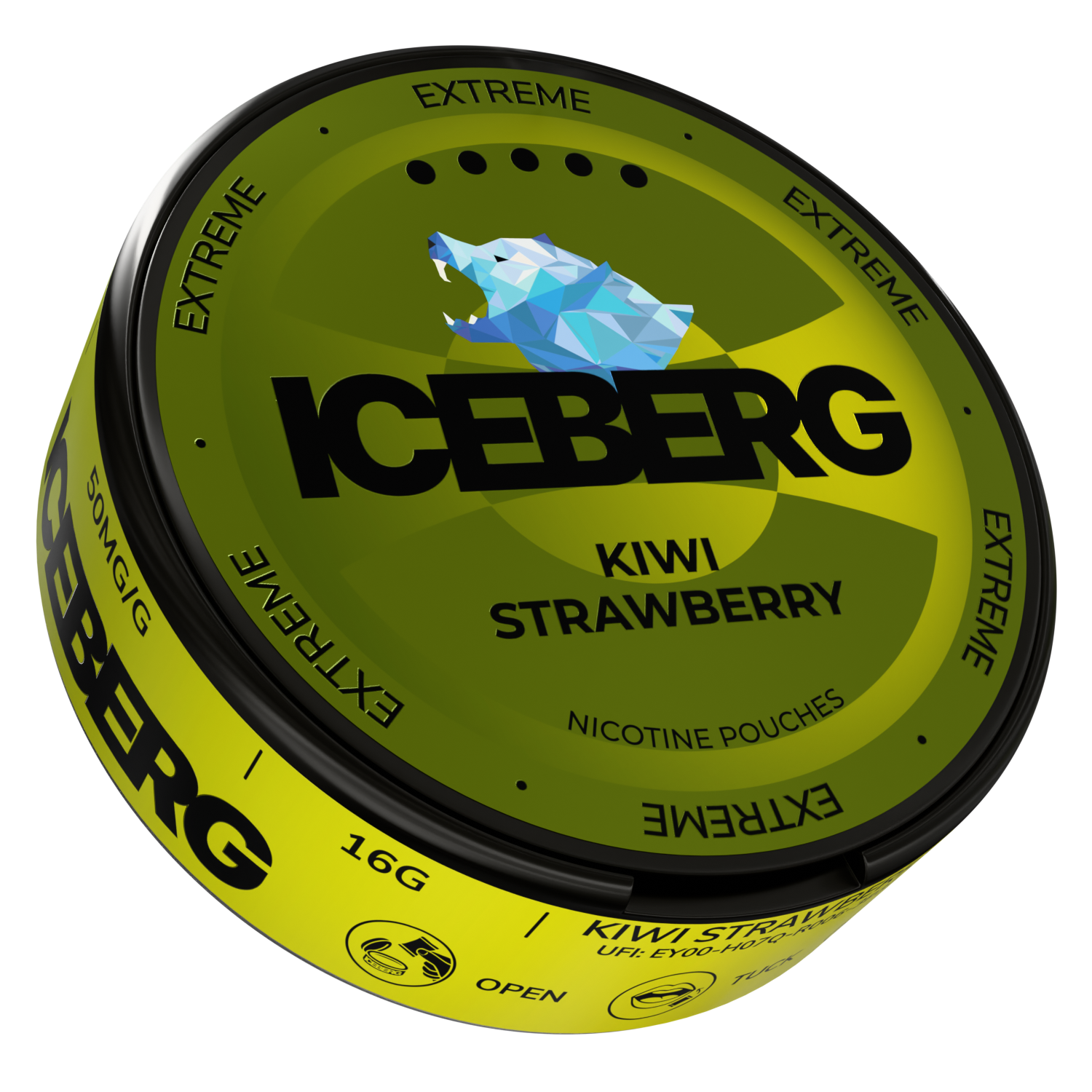 Side view of the kiwi strawberry can highlighting the brand name and circular shape on a transparent background.