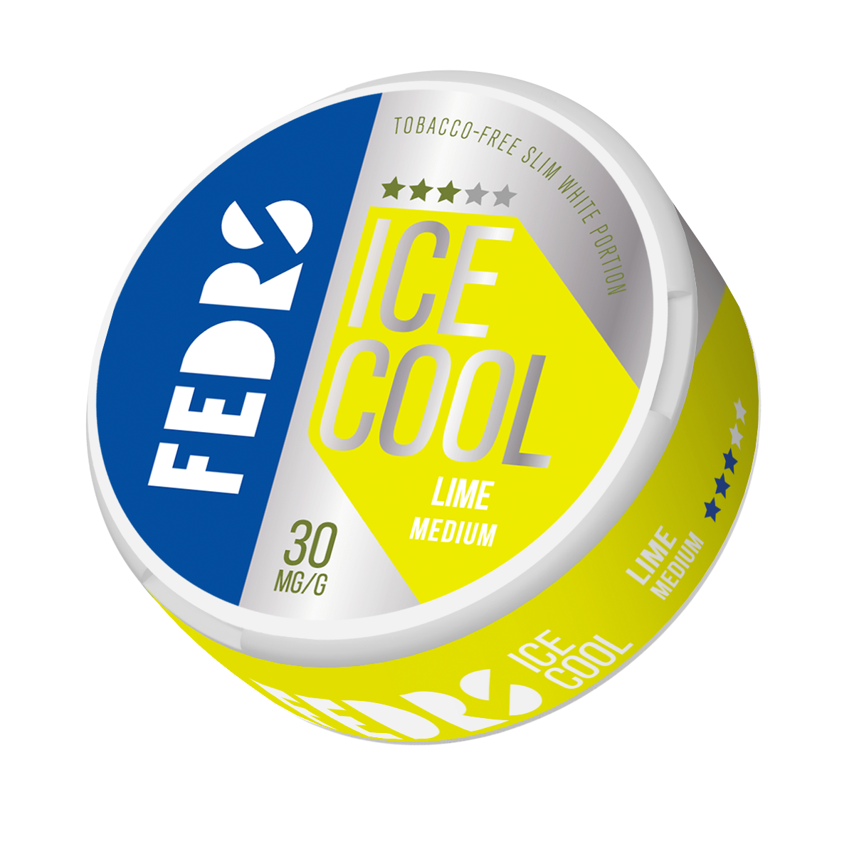 Front view of the round cooling product container in blue, yellow, and white with brand logo and label design.