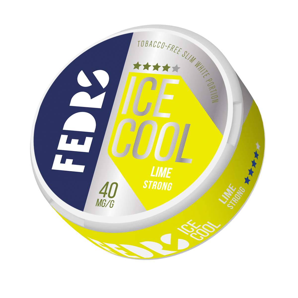 Front view of a circular can featuring vibrant yellow and blue colors with a citrus flavor logo.