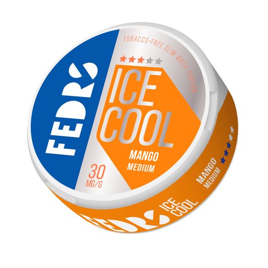 Front view of a circular can featuring orange and blue branding with cooling effect and flavor description.
