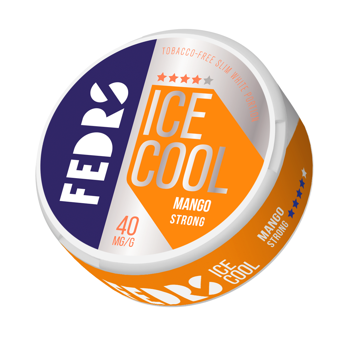 Front view of a circular can featuring orange, white, and purple branding with logo and text.