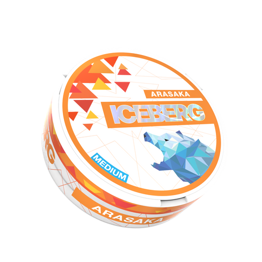 Packaging of Iceberg Arasaka featuring a circular container with a polar bear graphic in white, orange, and blue colors.