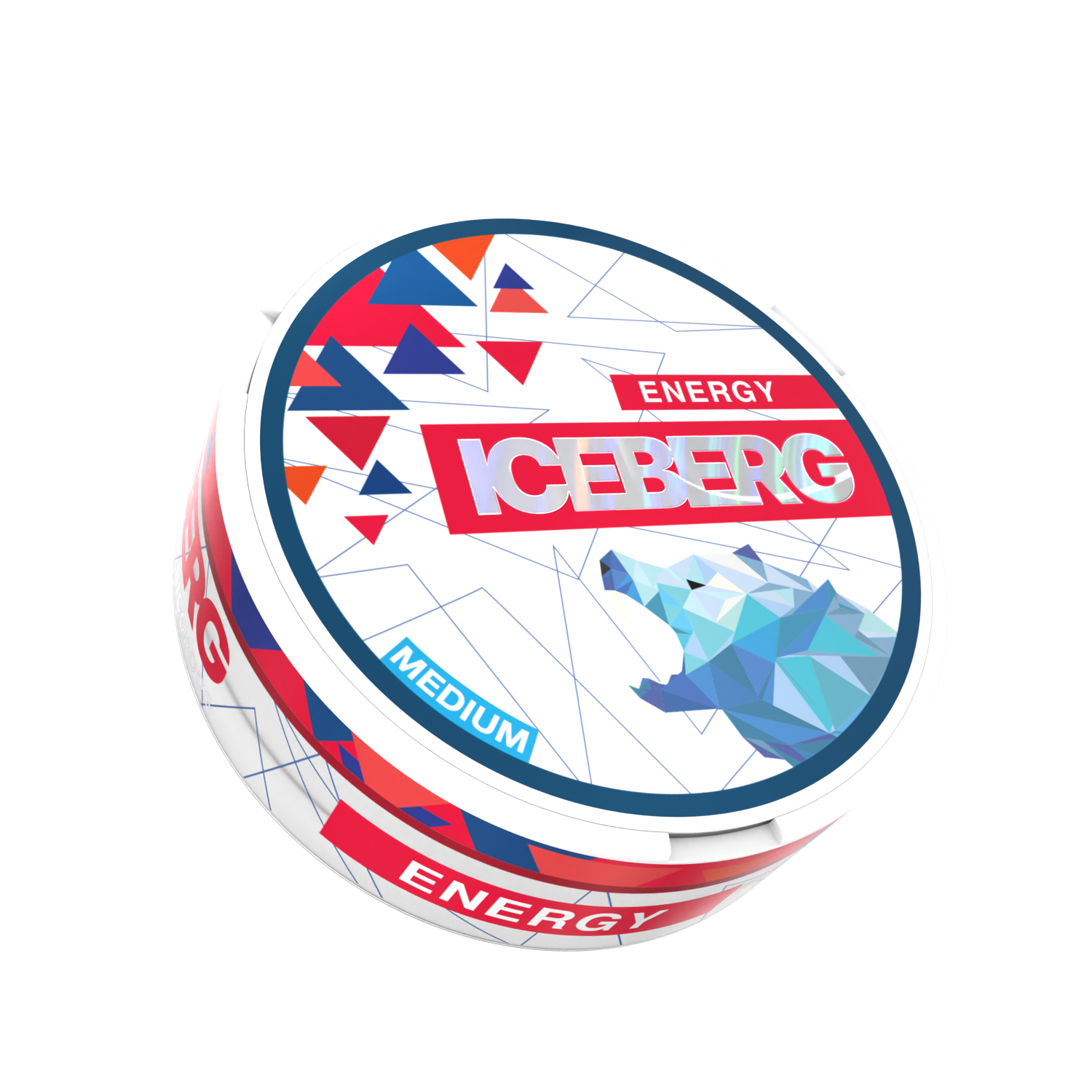 Front view of a circular container featuring a polar bear graphic, blue and red colors, and triangular patterns.