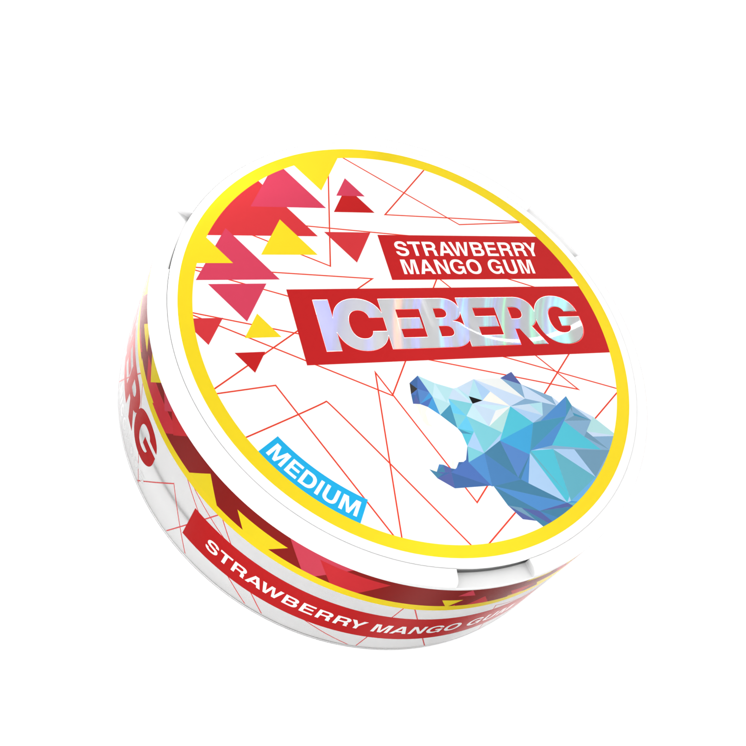 Packaging of Iceberg Strawberry Mango Gum in a circular tin with vibrant red and yellow colors and a flavor label.