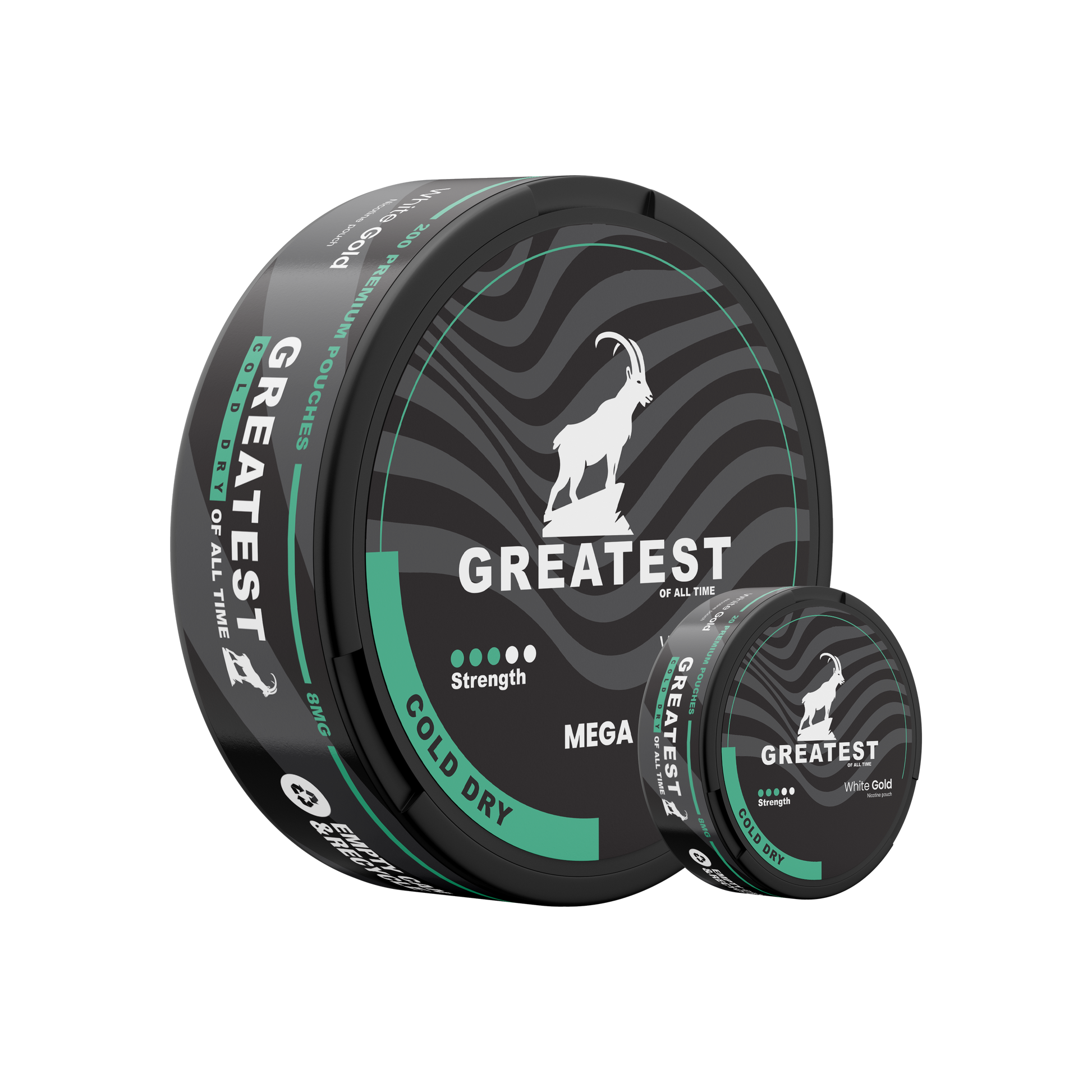 Front view of the circular black and green snus can featuring logo and text label on a transparent background