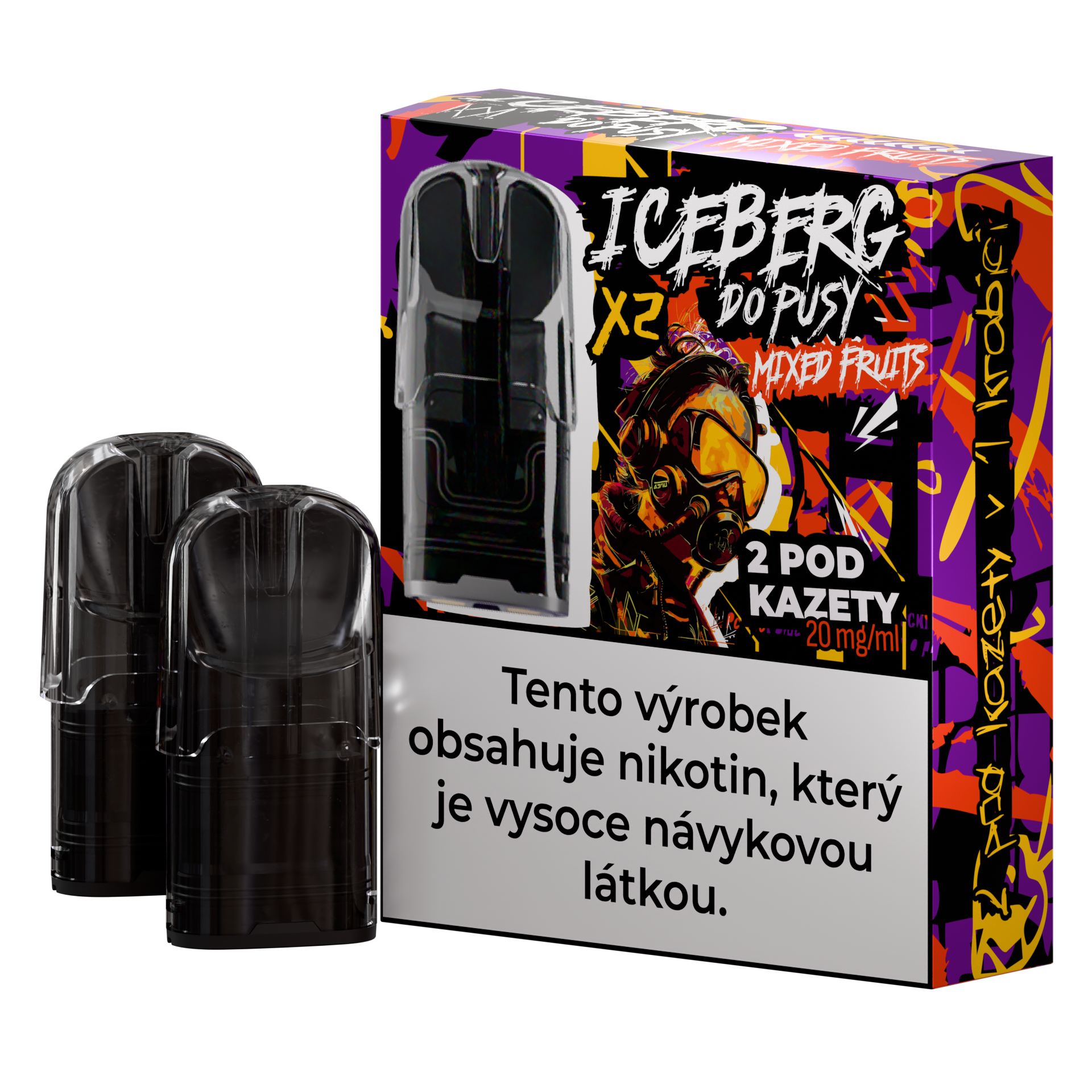 Colorful packaging of Iceberg Do Pusy Pods – Mixed Fruits featuring fruit illustrations on a black and purple background