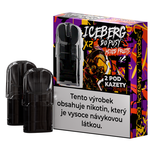 Colorful packaging of Iceberg Do Pusy Pods – Mixed Fruits featuring fruit illustrations on a black and purple background