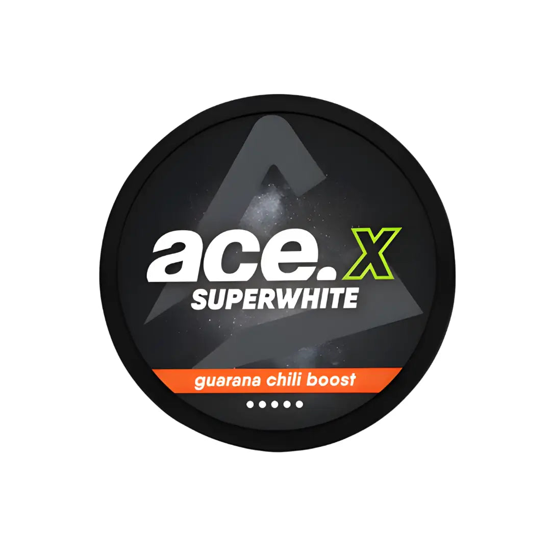 NikoPouches.dk Ace X Guarana Chili Boost supplement bottle with red chili peppers and guarana berries on label