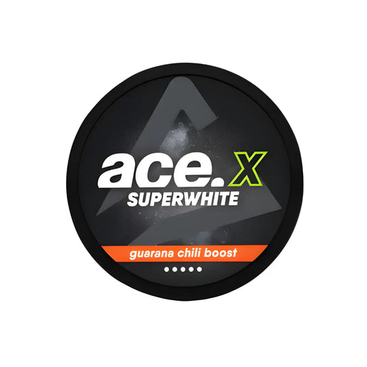 NikoPouches.dk Ace X Guarana Chili Boost supplement bottle with red chili peppers and guarana berries on label