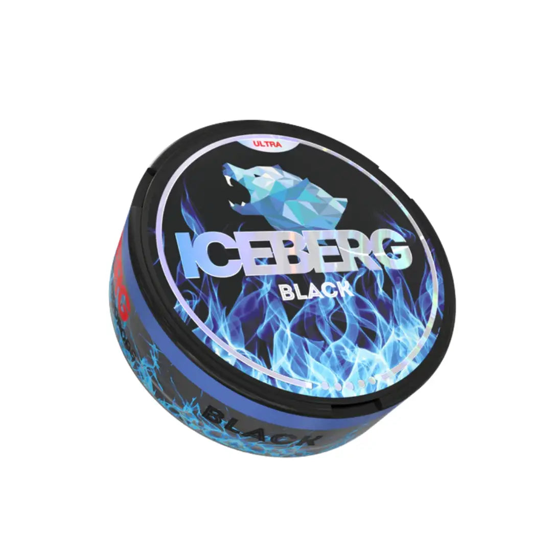 Black Iceberg snus pouch from NikoPouches.dk, shown in a sleek black package with the brand logo and product name.