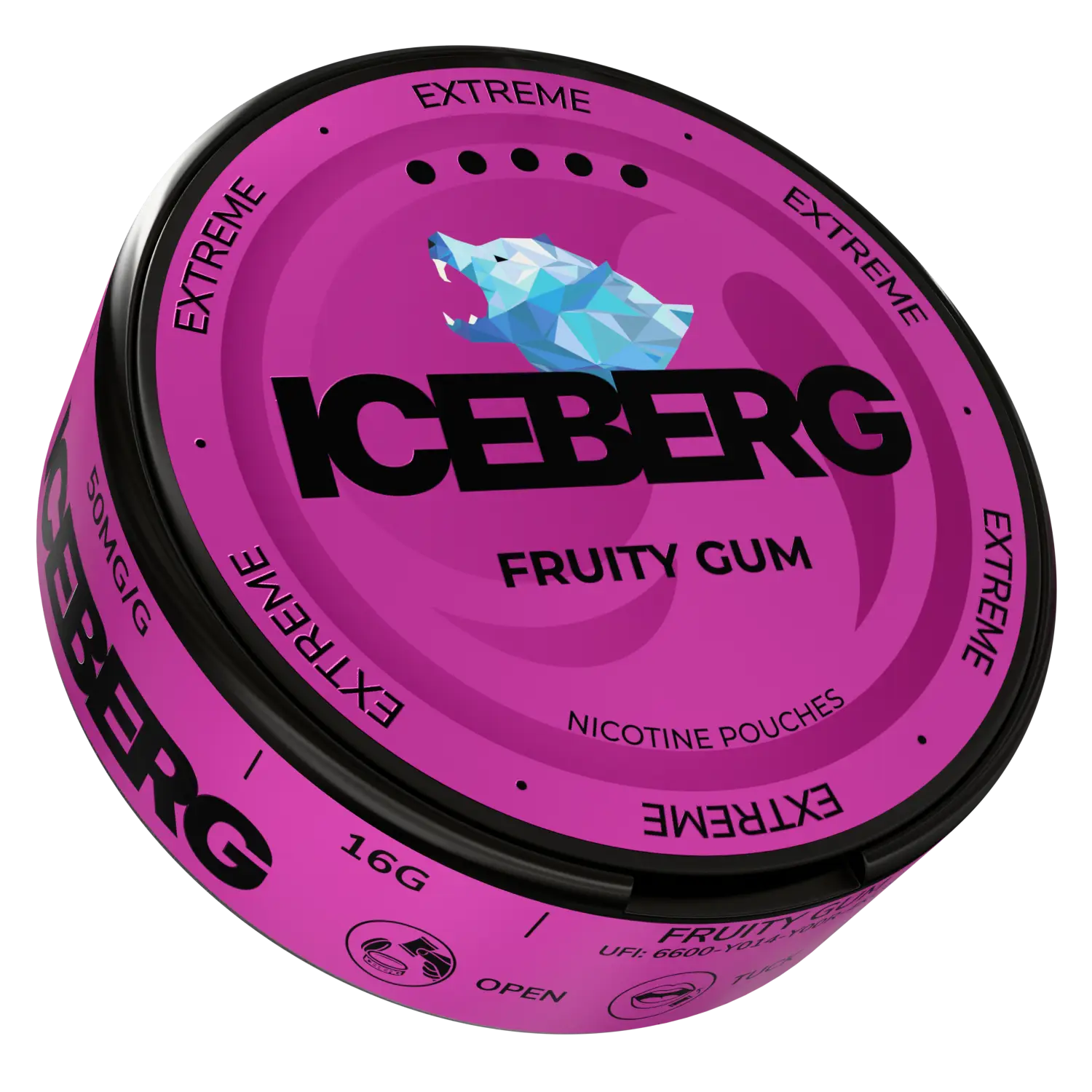 Side view of NikoPouches.dk Iceberg Black fruity gum pouch, showcasing the black snus pouch with colorful fruit flavor graphics.