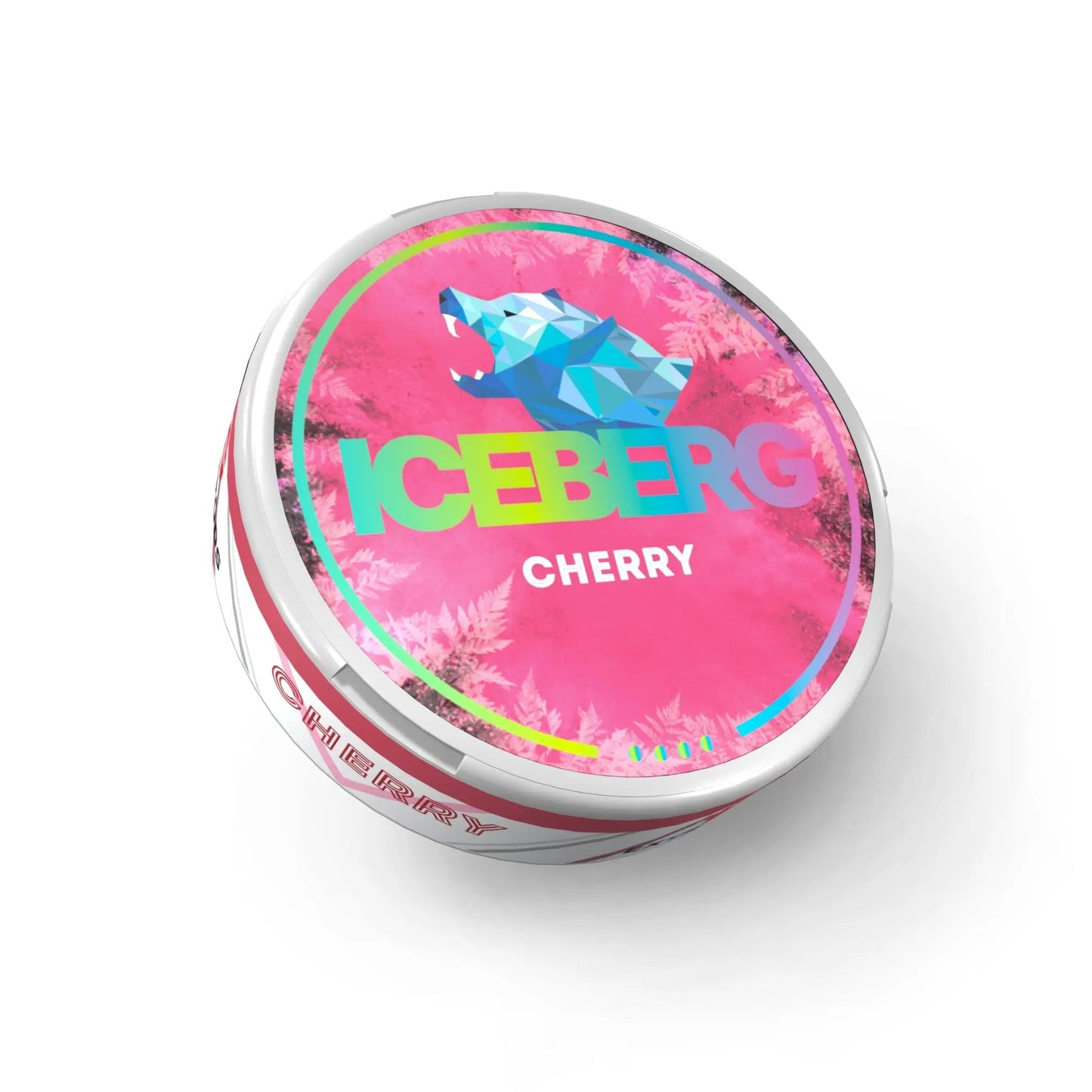 Close-up of NikoPouches.dk Iceberg Cherry snus pouch showing the cherry flavor and branding on the packaging.