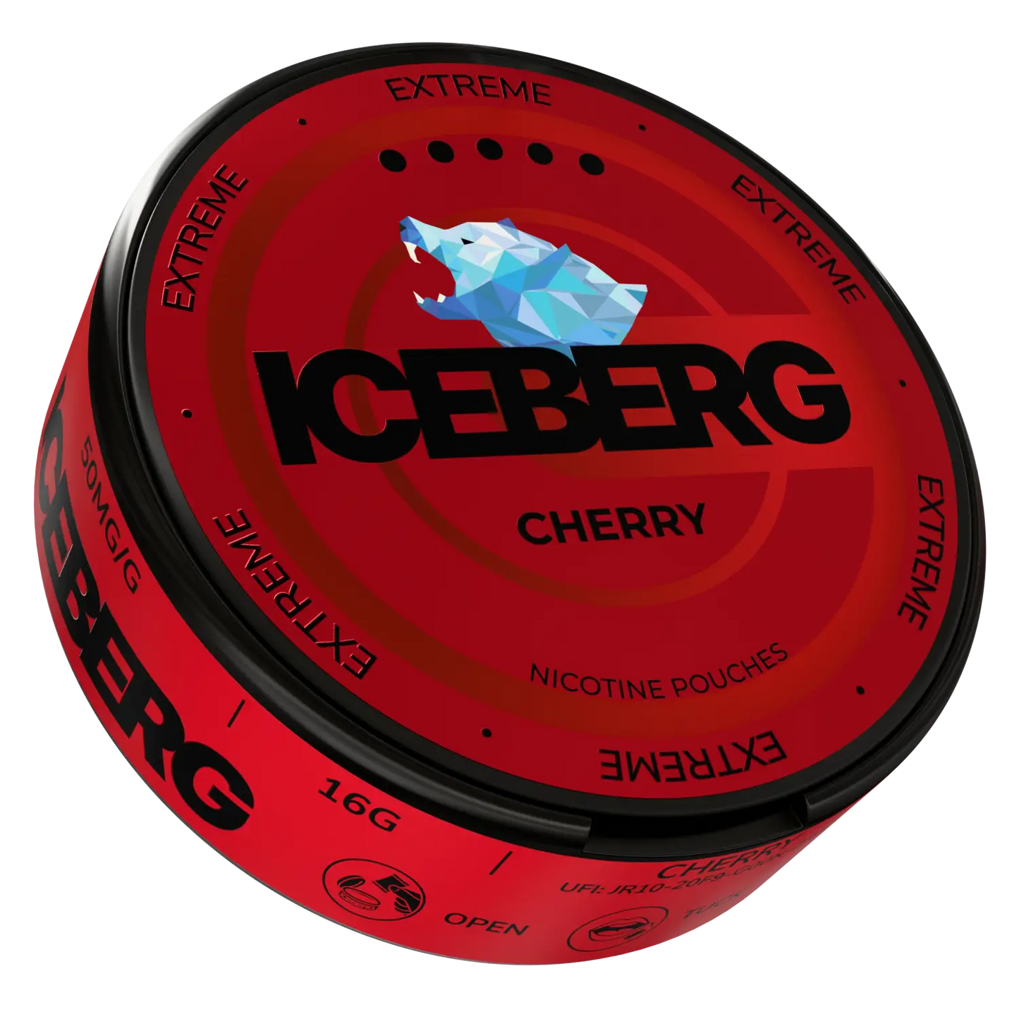 Side view of NikoPouches.dk Iceberg Cherry snus pouch, showcasing its cherry flavor and packaging design.