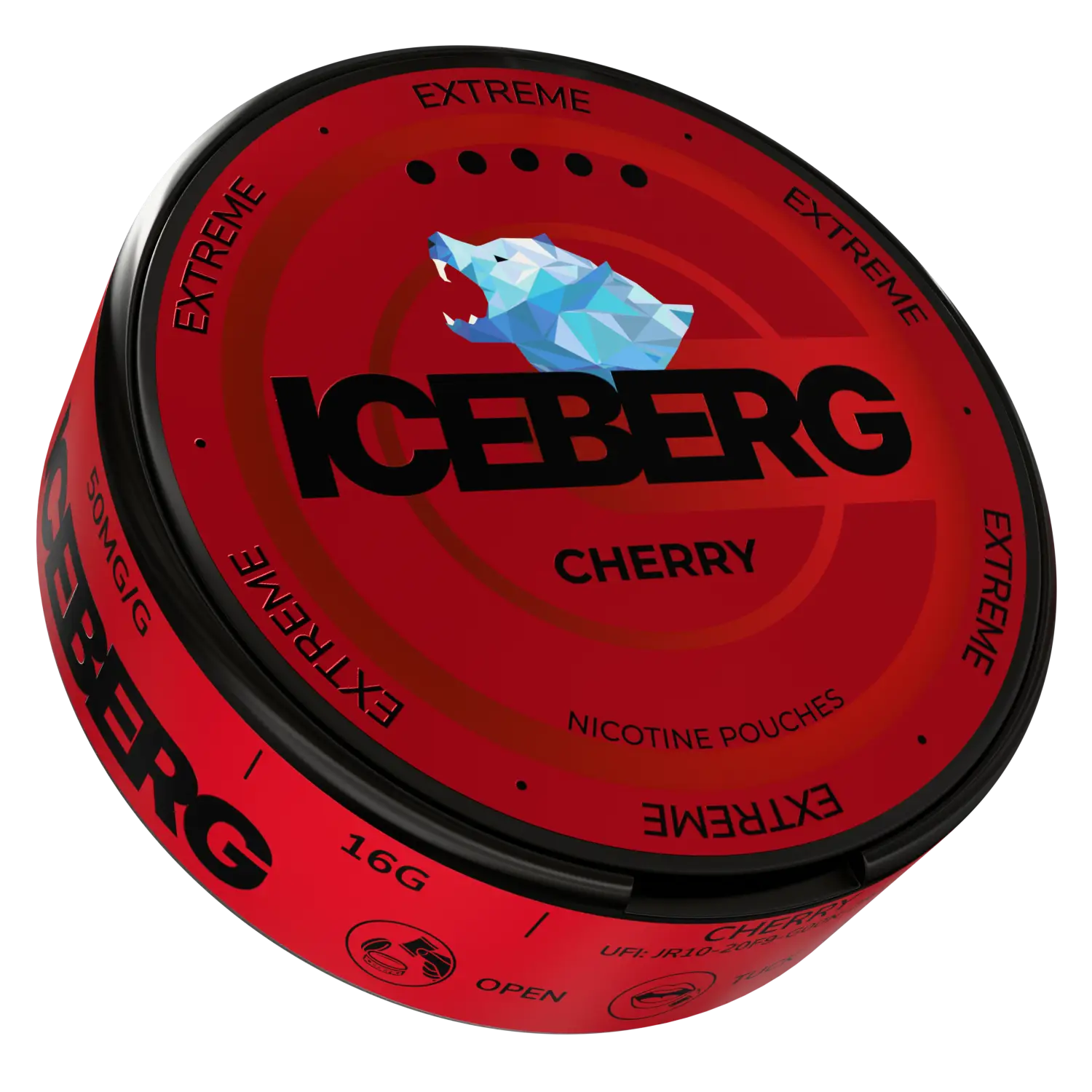 Side view of NikoPouches.dk Iceberg Cherry snus pouch, showcasing its cherry flavor and packaging design.