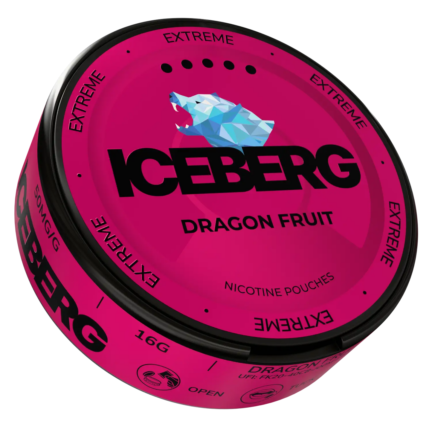 Side view of fresh iceberg dragon fruit, showcasing its vibrant pink skin and green scales, from NikoPouches.dk.