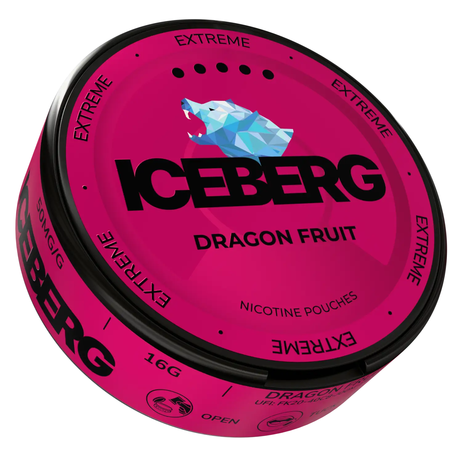 Side view of fresh iceberg dragon fruit, showcasing its vibrant pink skin and green scales, from NikoPouches.dk.