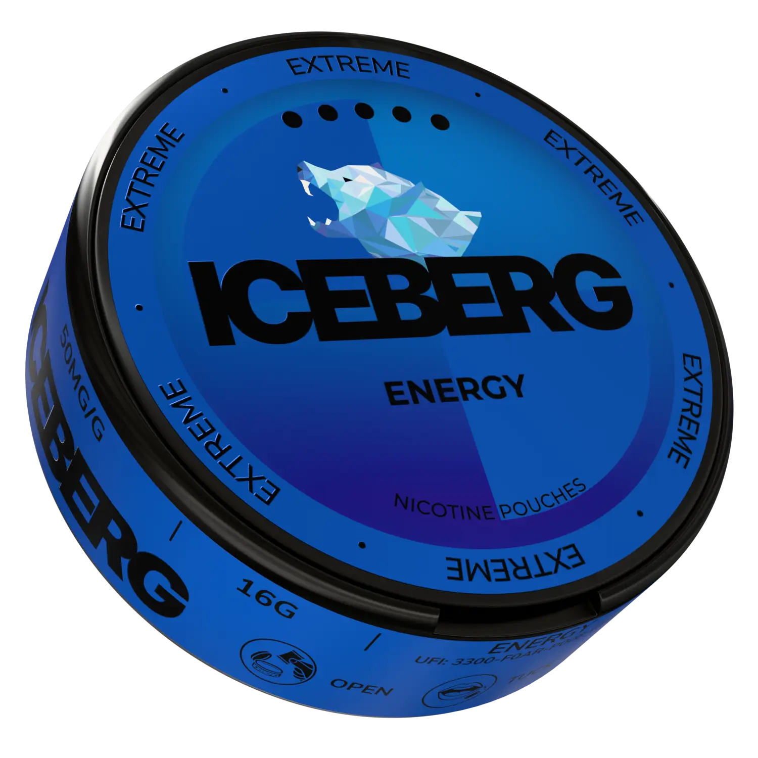 NikoPouches.dk Iceberg Energy pouch packaging, side view showing branding and product details for Killa Snus energy supplement.