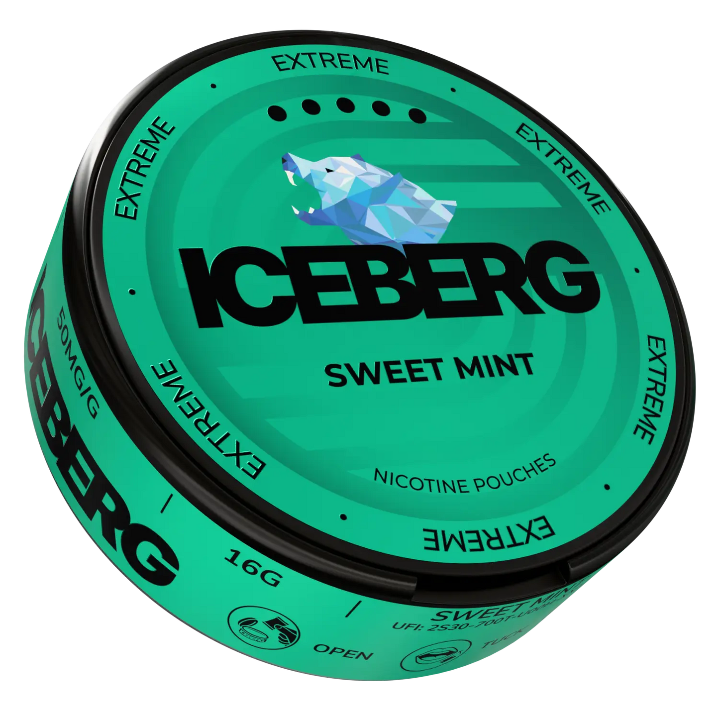 Side view of NikoPouches.dk Iceberg Sweet Mint snus pouch displaying the mint flavor and sleek packaging design.