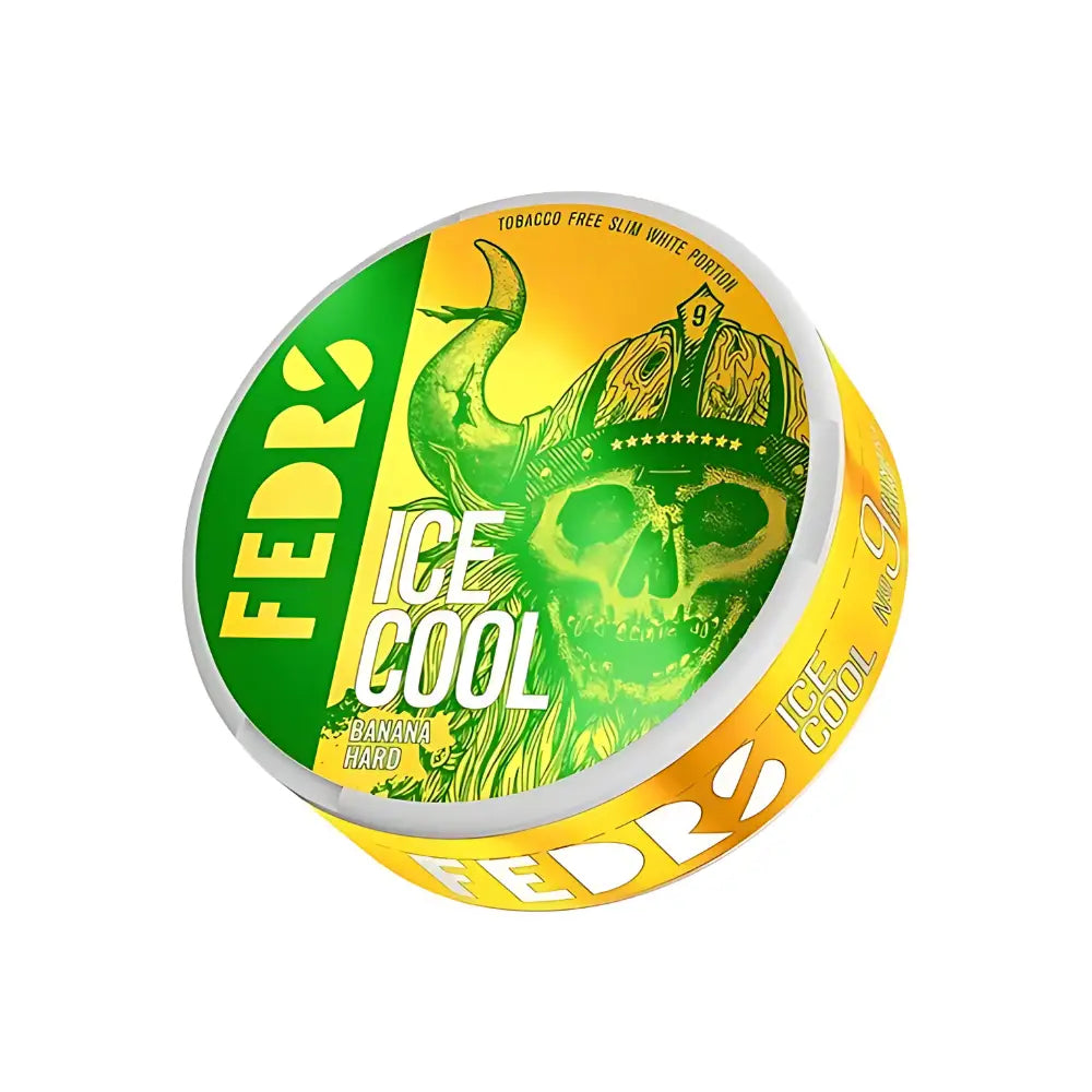 White Fedrs Ice Cool Banana Hard candy by NikoPouches.dk in a clear package with a white and green peppermint design.