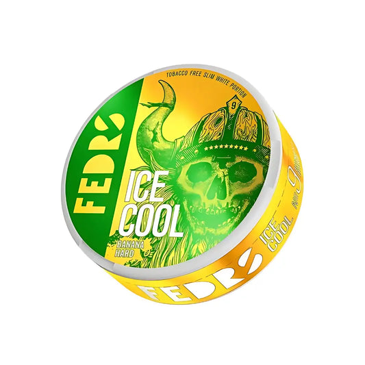 White Fedrs Ice Cool Banana Hard candy by NikoPouches.dk in a clear package with a white and green peppermint design.