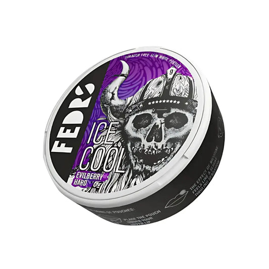 Fedrs Ice Cool Evilberry pouch featuring white packaging with mint and berry flavor branding, displayed on a white background.