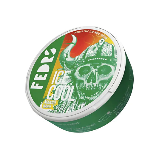 White pouch of Fedrs Ice Cool Mango flavored snack from NikoPouches.dk, featuring vibrant mango and mint ingredients.