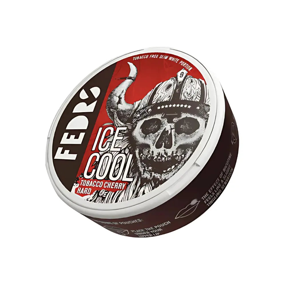 White Fox Peppered Mint pouch of Fedrs Ice Cool Tobacco Cherry from NikoPouches.dk, showing the colorful packaging and pouch design.