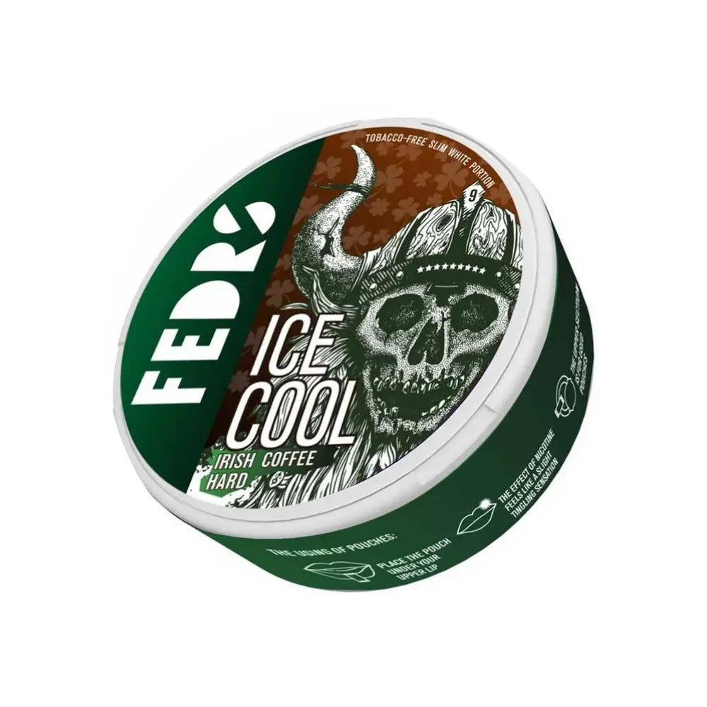 White Irish Coffee Hard by NikoPouches.dk in a white bag with mint flavor, featuring peppermint and Irish coffee elements.
