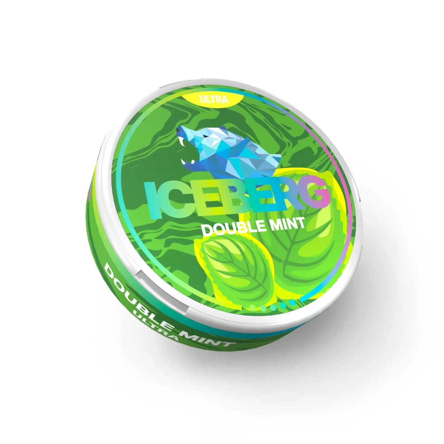 NikoPouches.dk Iceberg Double Mint X-Strong chewing gum pack featuring bright packaging and fresh mint flavor.