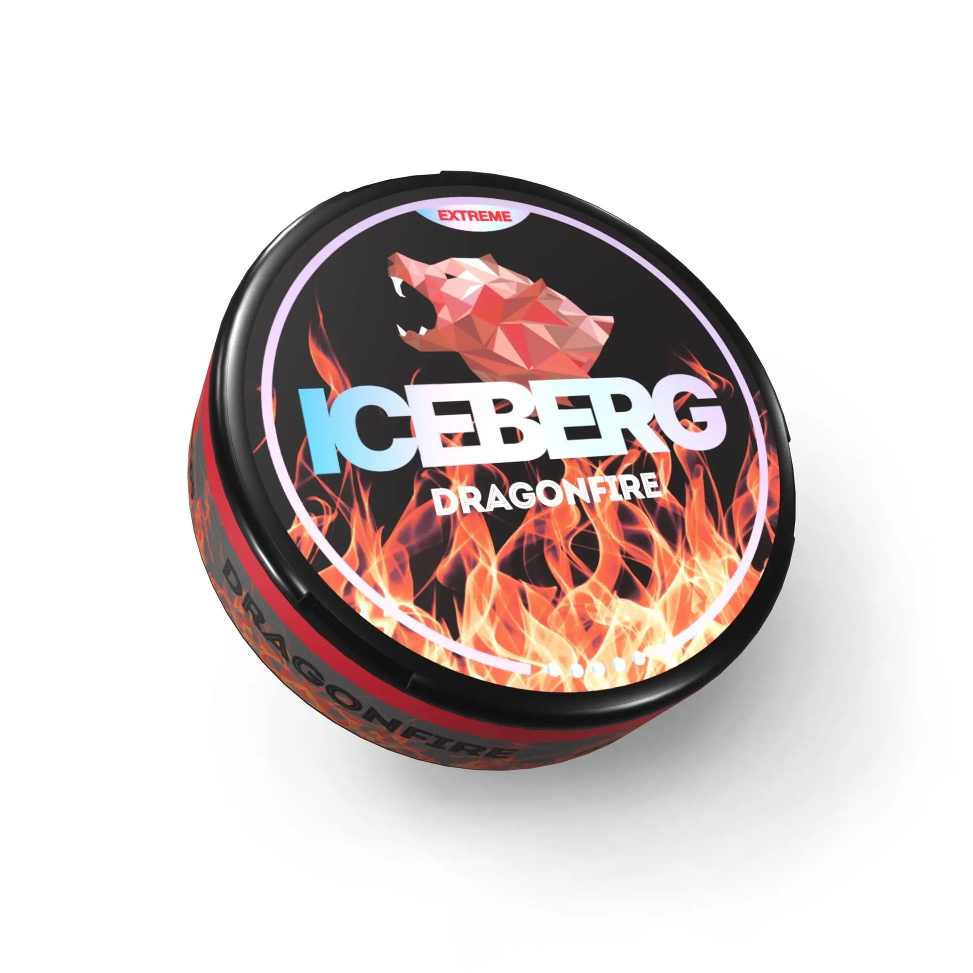 Iceberg Dragonfire x-strong pouch by NikoPouches.dk, featuring a fiery dragon design on durable, high-strength material.