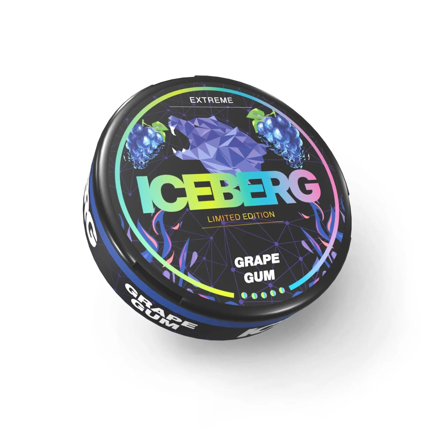 NikoPouches.dk Iceberg Grape Gum pack with colorful packaging and gum pieces visible, showcasing fresh grape flavor.
