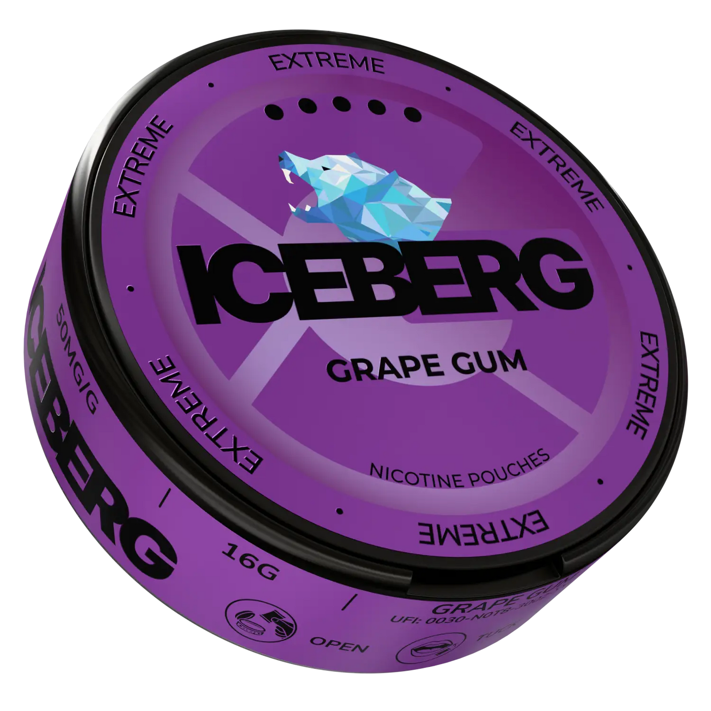 Side view of NikoPouches.dk Iceberg Grape Gum pack showing grape-flavored chewing gum pieces.