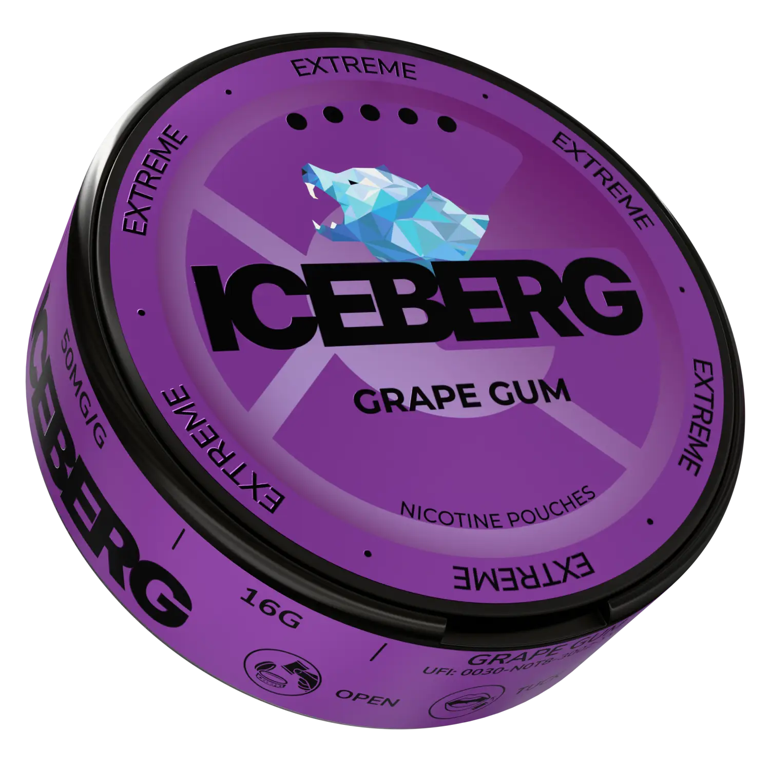 Side view of NikoPouches.dk Iceberg Grape Gum pack showing grape-flavored chewing gum pieces.
