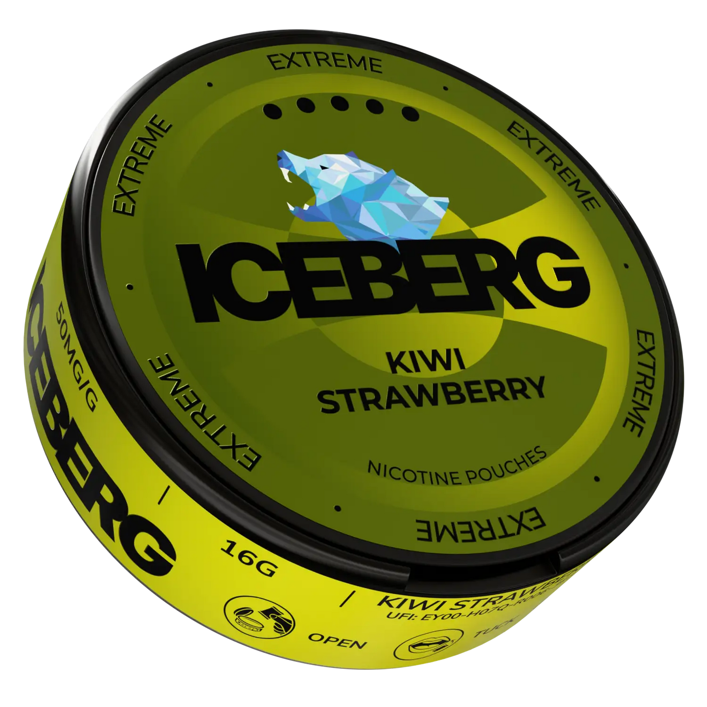 NikoPouches.dk Iceberg Kiwi Strawberry pouch showing fresh kiwi and strawberry flavor on the front packaging.