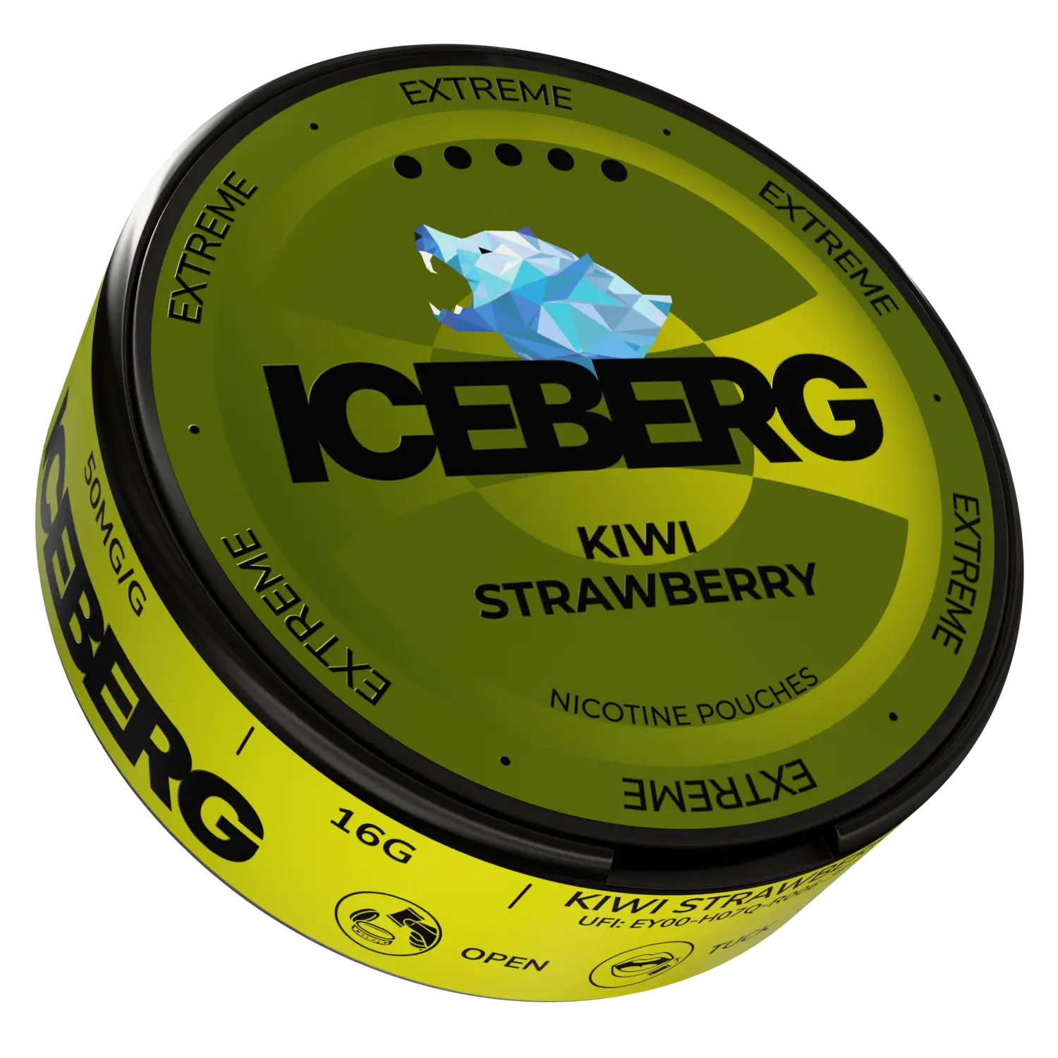 NikoPouches.dk Iceberg Kiwi Strawberry pouch showing fresh kiwi and strawberry flavor on the front packaging.