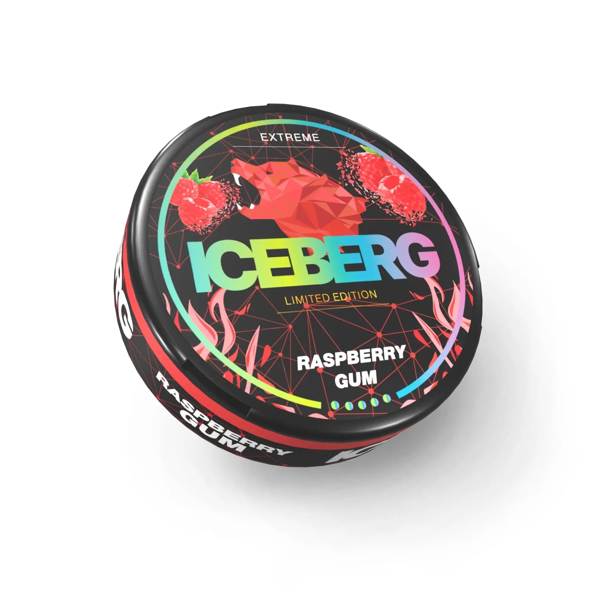 NikoPouches Raspberry Gum, x-strong Iceberg flavor with bright pink raspberry candies and vibrant packaging.