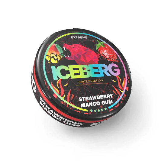 NikoPouches.dk Iceberg Strawberry Mango Gum in a resealable pouch with colorful fruit illustrations.