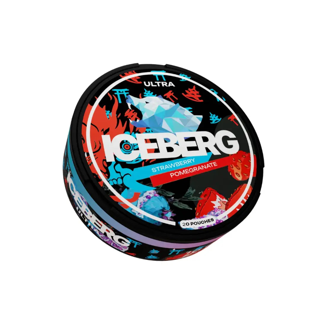 Iceberg Strawberry Pomegranate X-Strong NikoPouches.dk energy drink pouch with vibrant red and pink packaging.