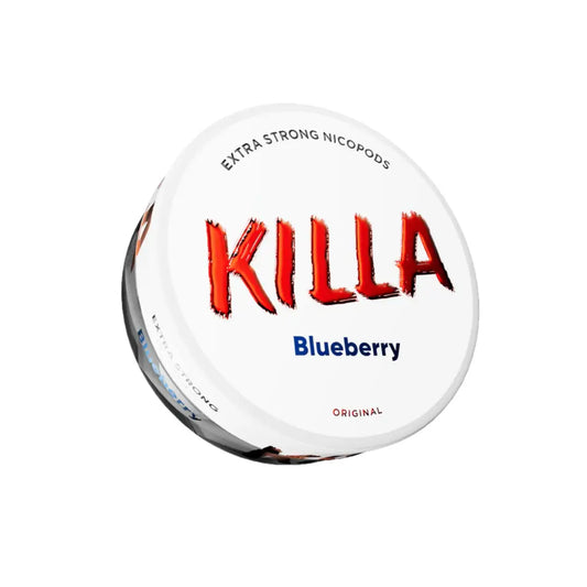 NikoPouches.dk Killa Blueberry pouch with fresh blueberries and vibrant packaging, showcasing the product's appealing design.