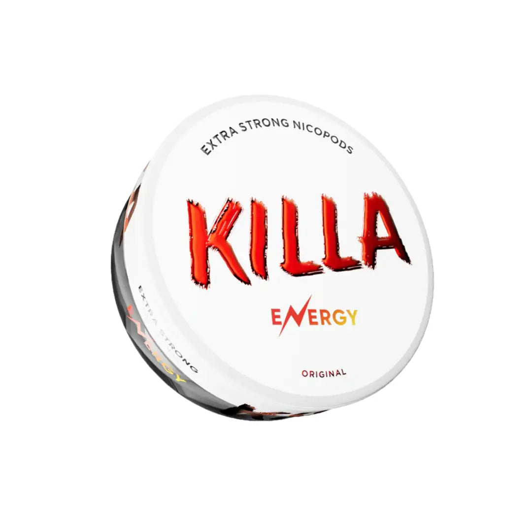 NikoPouches.dk Killa Energy pouch, bright yellow and black packaging, featuring bold branding and energy drink graphics.