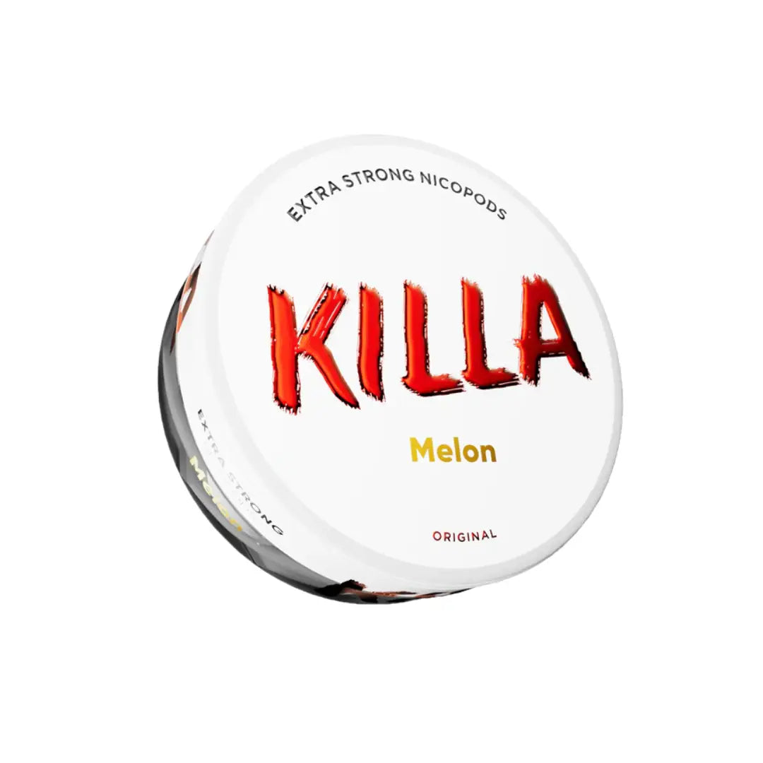 Fresh Killa Melon pouch from NikoPouches.dk, showcasing vibrant, sliced melon pieces in a resealable pouch.
