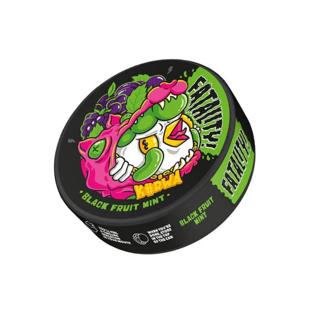 Black fruit mint pouch of Kurwa Fatality by NikoPouches.dk, featuring fresh fruit and mint flavor in a sleek black packaging.