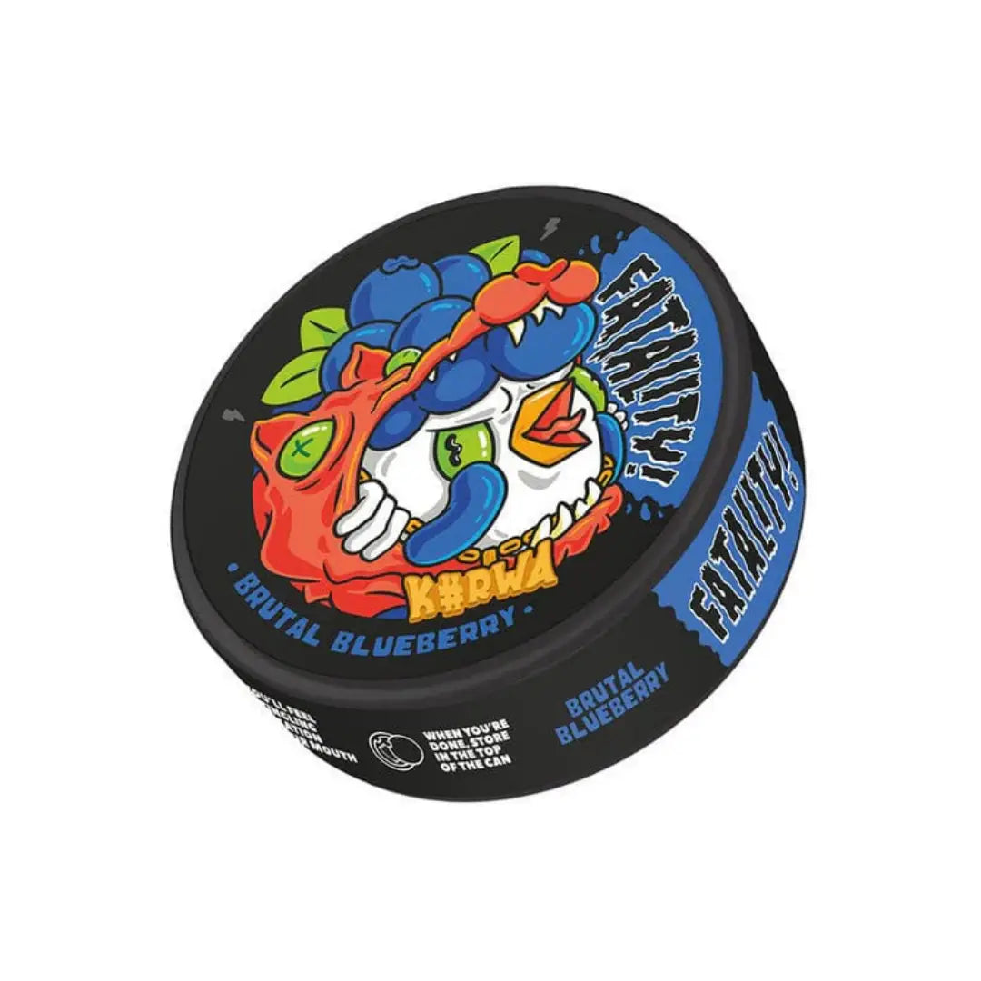NikoPouches.dk Kurwa Fatality Brutal Blueberry pouch with blueberry flavor and vibrant packaging design.
