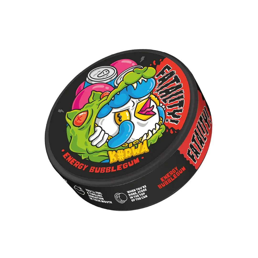 Kurwa Fatality Energy Bubblegum by NikoPouches.dk, showing bright pink packaging and vibrant bubblegum pieces.